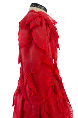 1980s Unlabeled Nina Ricci by Girard Pipard Haute Couture Red Silk & Net Leaf or Petal Dress