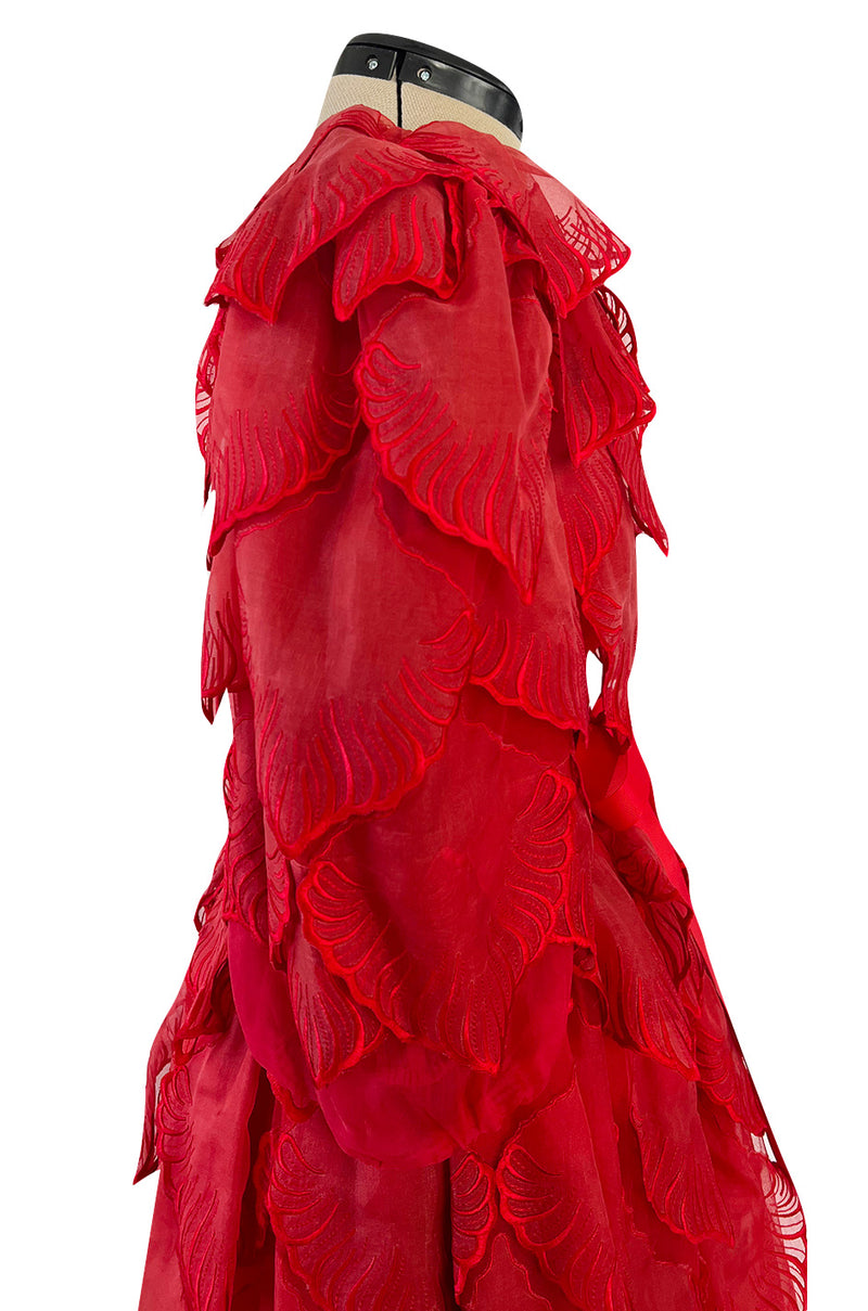 1980s Unlabeled Nina Ricci by Girard Pipard Haute Couture Red Silk & Net Leaf or Petal Dress