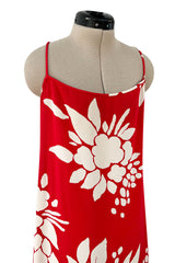 Late 1970s James Galanos Graphic Red & White Silk Crepe Dress w High Side Silt
