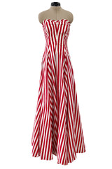 Spectacular 1930s Unlabeled Red & White Striped Cotton Strapless Sweetheart Dress