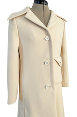 Fabulous 1960s Galanos Ivory Wool Tailored Coat w Front Pocket Detail & Arrow Stitched Seams