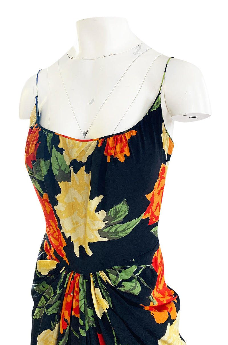 Brilliant 1957 James Galanos Large Floral Print Front Gathered Silk Evening Dress