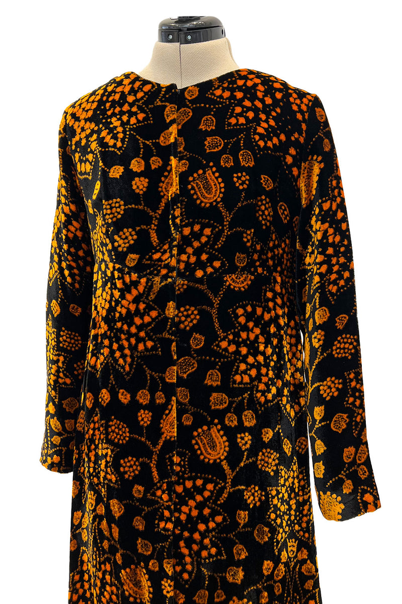Amazing 1975 Thea Porter Printed Burnt Gold & Black Silk Velvet Caftan Dress