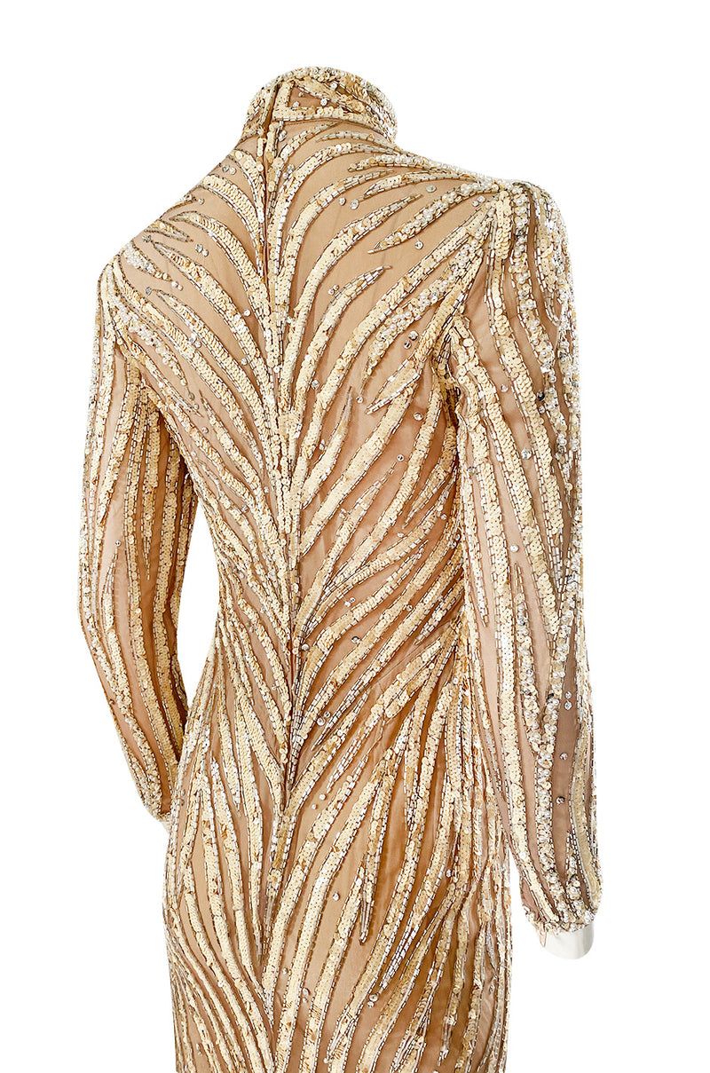 1980s Bob Mackie Ivory Sequin & Nude Stretch Net High Slit Dress