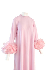 1960s Odette Barsa Loose & Easy Fitting Pink Caftan w Wide Pink Feather Cuffs