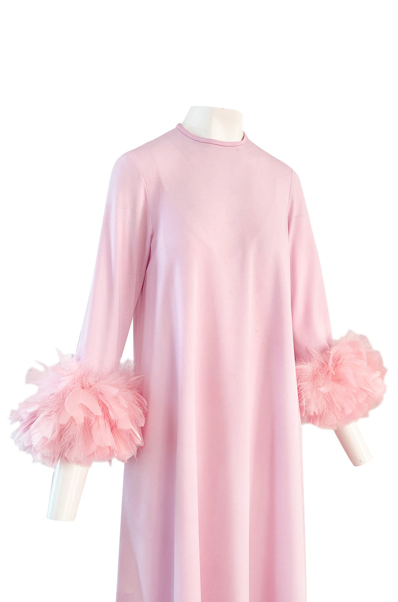 1960s Odette Barsa Loose & Easy Fitting Pink Caftan w Wide Pink Feather Cuffs