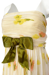 1961 Ferdinando Sarmi Strapless Yellow Floral Print Silk Chiffon Dress w Front Bow Detail