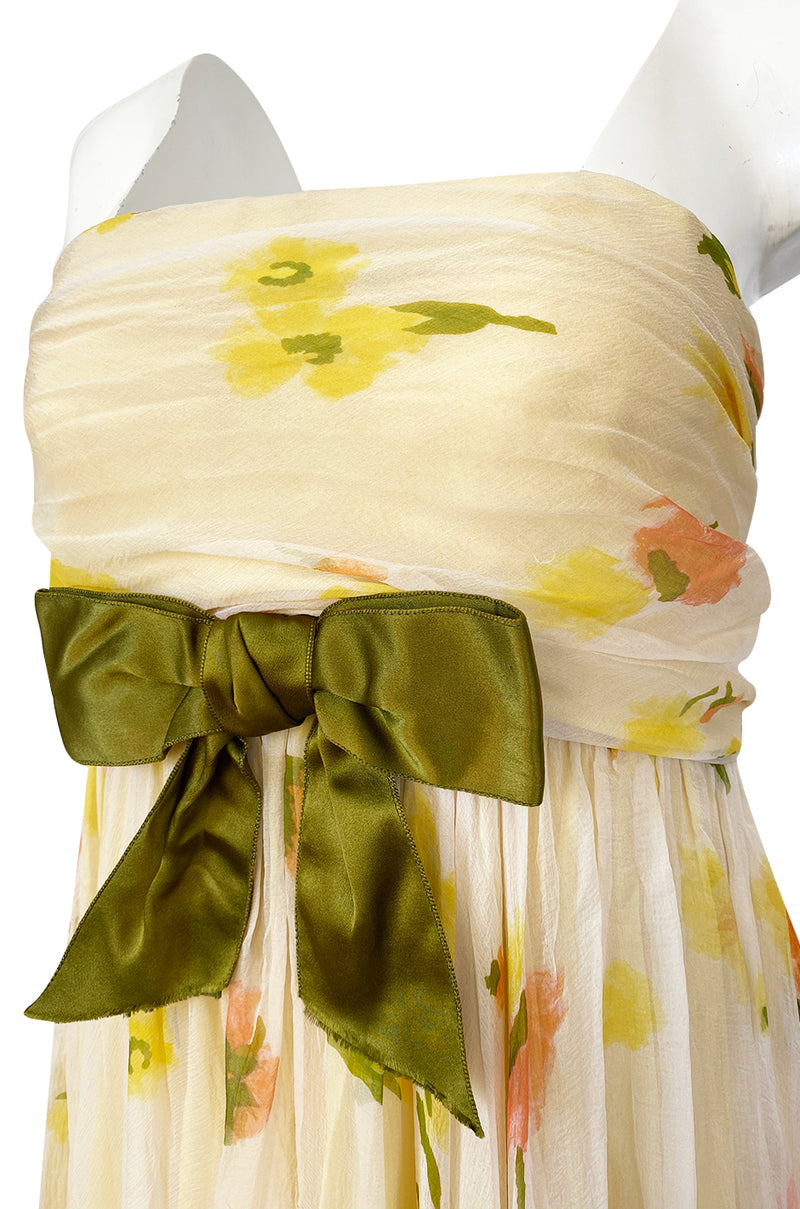 1961 Ferdinando Sarmi Strapless Yellow Floral Print Silk Chiffon Dress w Front Bow Detail