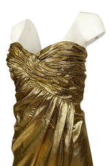 1970s Robert David Morton Gold Lame Strapless Gathered Bodice Dress