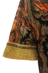 1960s Unlabeled Printed Velveteen & Elaborate Gold Braid Caftan Dress