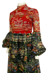1960s Mollie Parnis Metallic Gold, Red & Black Floral Print Silk Dress