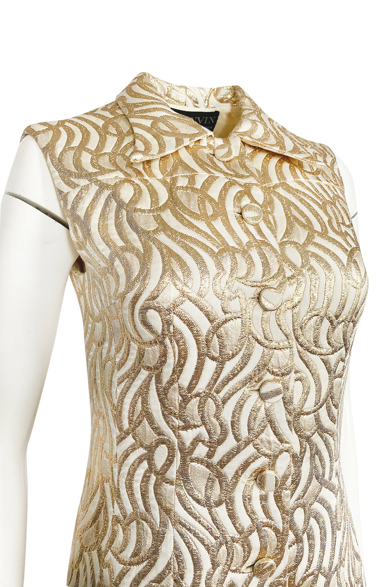 1970s Lanvin Metallic Gold Lame & Ivory One Piece Playsuit Jumpsuit