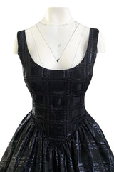 Early 1980s Nina Ricci Black Silk Metallic Lame Full Skirted Low Back Dress