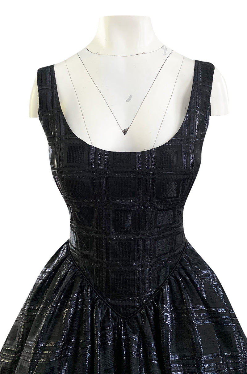 Early 1980s Nina Ricci Black Silk Metallic Lame Full Skirted Low Back Dress