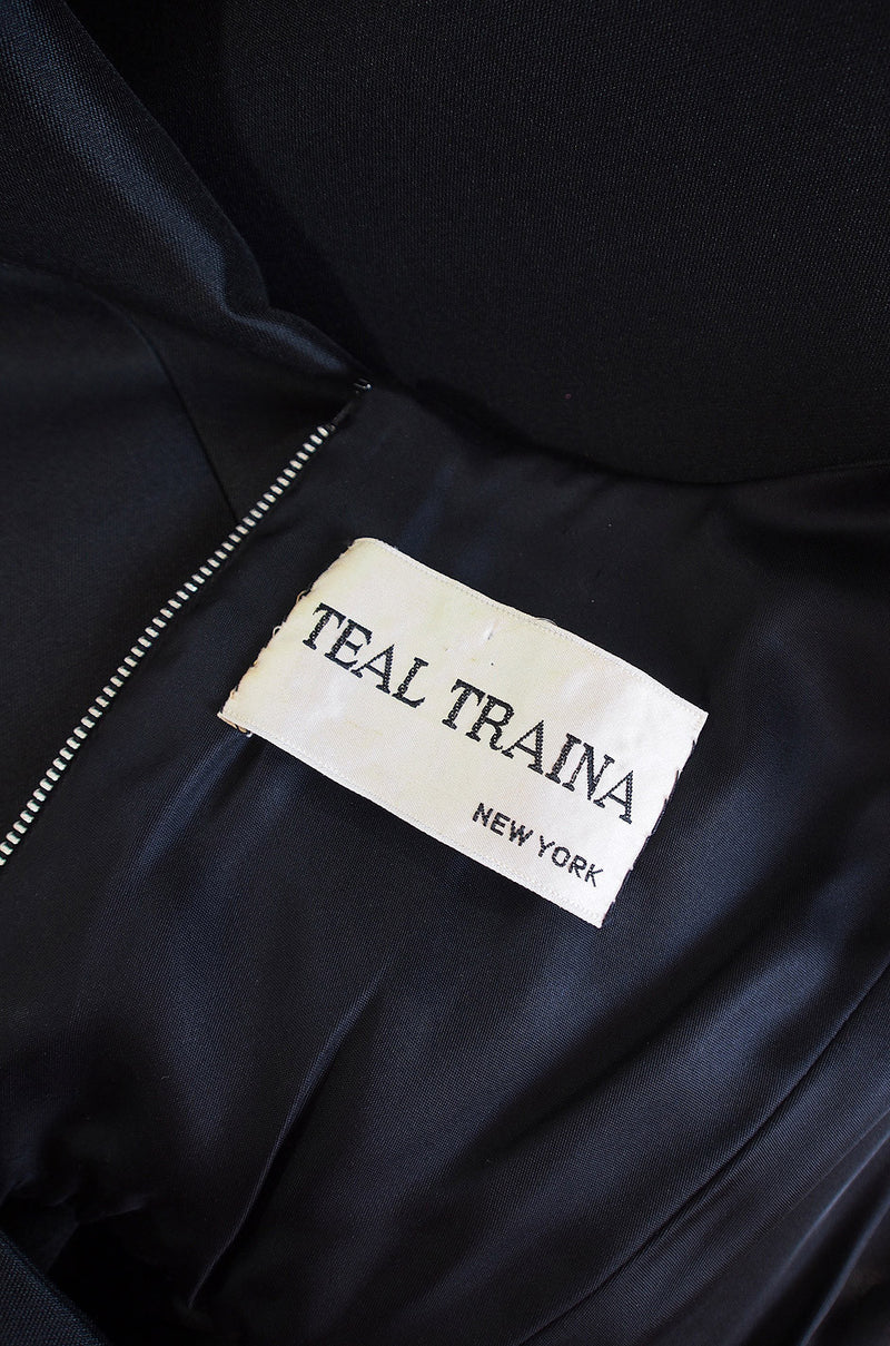 1960s Sculptural Black Silk Teal Traina "Tuxedo" Dress