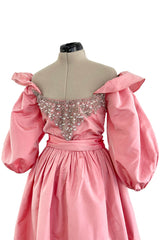 Prettiest 1960s Richiline Iridescent Pink Silk Dress w Pouf Sleeves & Rhinestone Details