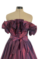 1970s Victor Costa Iridescent Deep Burgundy Purple Silk Taffeta Dress with Strapless Ruffled Neckline