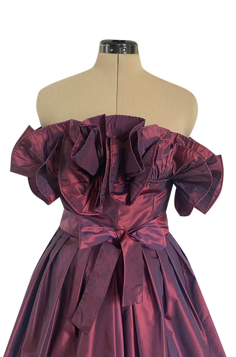 1970s Victor Costa Iridescent Deep Burgundy Purple Silk Taffeta Dress with Strapless Ruffled Neckline
