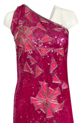 1970s Lillie Rubin Pink Densely Sequin & Bead Graphic Pattern One Shoulder Dress