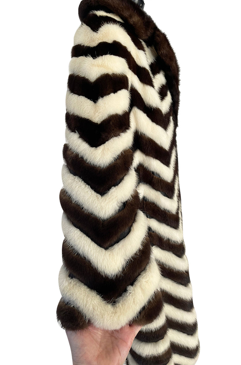 Wonderful 1960s Mink Coat w a Deep Brown Chocolate & Ivory Fur & Leather Chevron Pattern