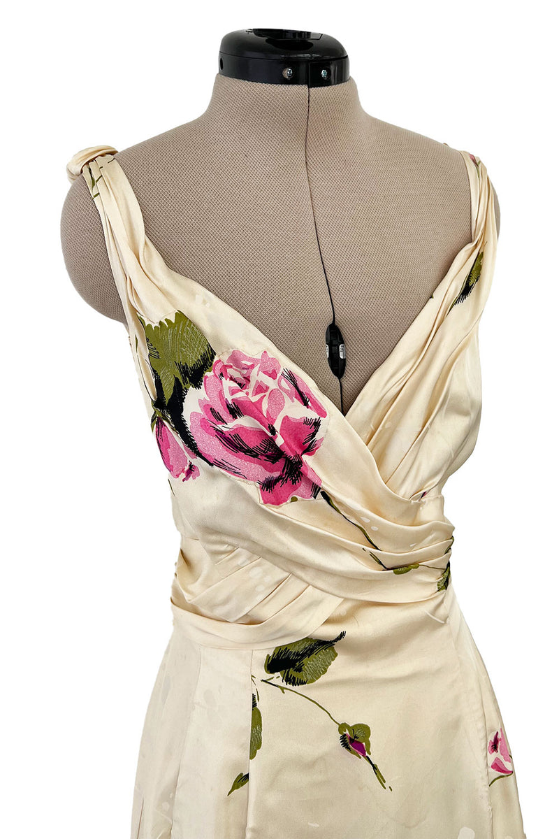 Gorgeous 1940s Unlabeled Ivory Silk Twill Dress w Painted & Appliqued Rose Print