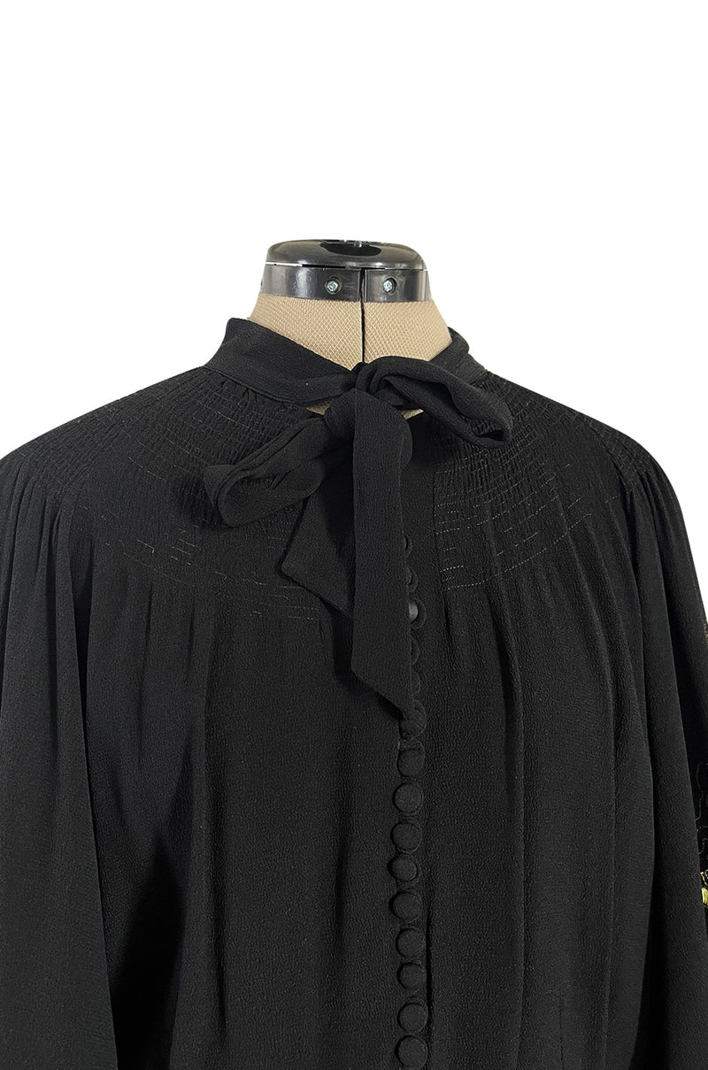 Extraordinary 1940s Hand Embroidered & Beaded Black Moss Crepe Balloon Sleeve Top
