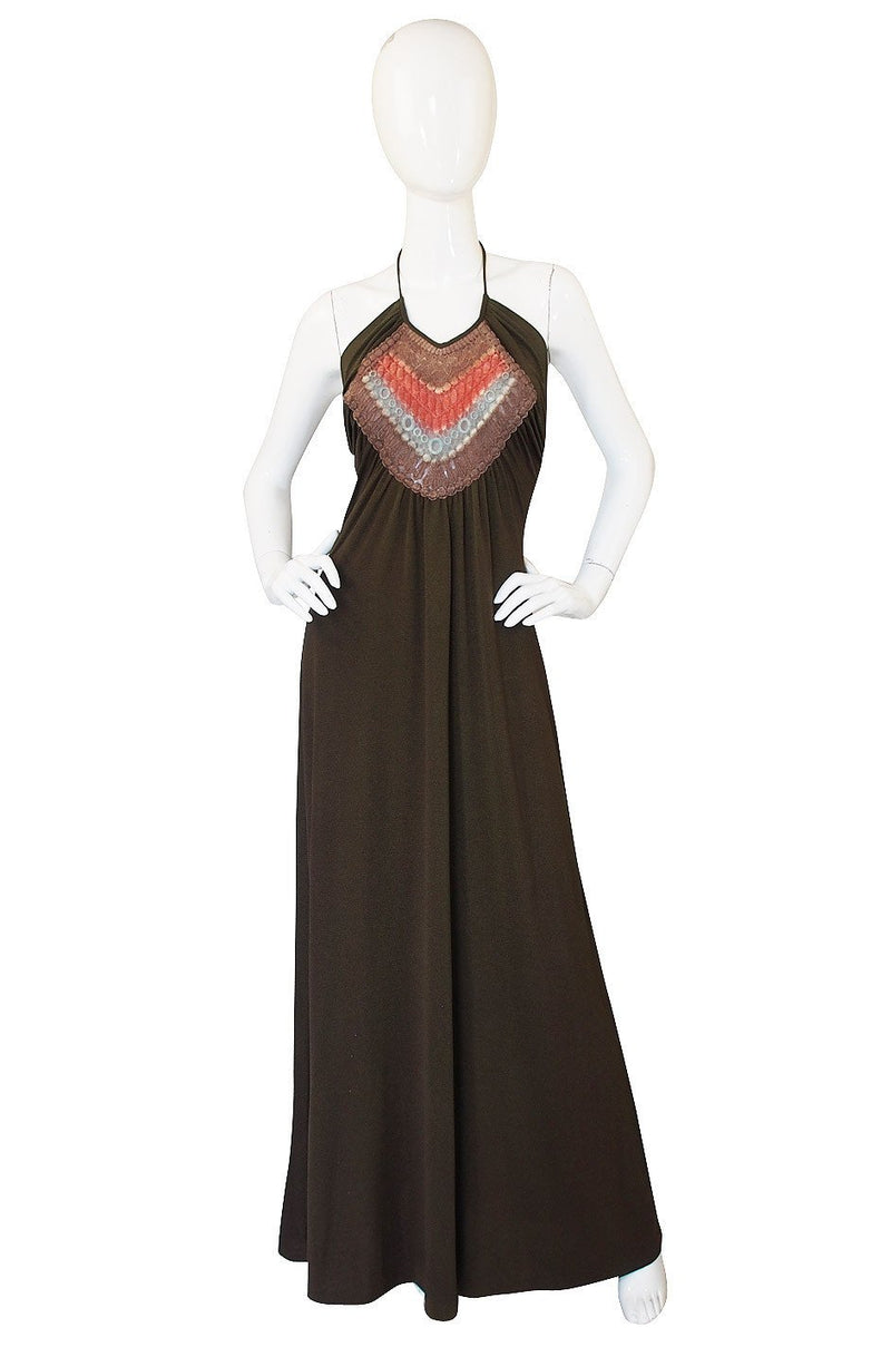 1970s Joy Stevens Embroidered Brown Jersey Halter Dress