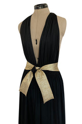 Documented 1981 Bill Tice Plunge Front Black & Gold Backless Nylon Jersey Halter Dress