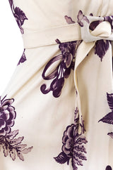 1940s Unlabeled Purple Floral Print Stretch Rayon Jersey Ivory Dress
