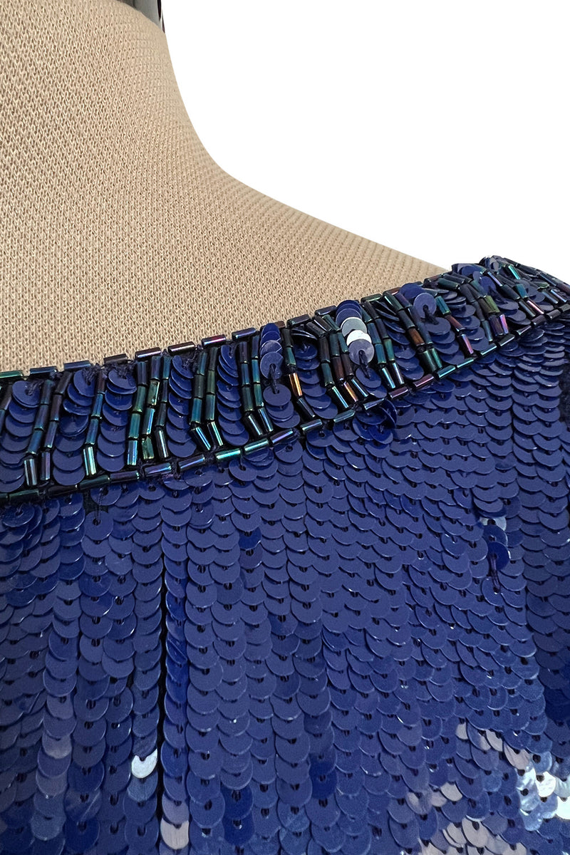 Fall 1985 Yves Saint Laurent Densely Covered Blue Sequin Top w Beaded Ribbing