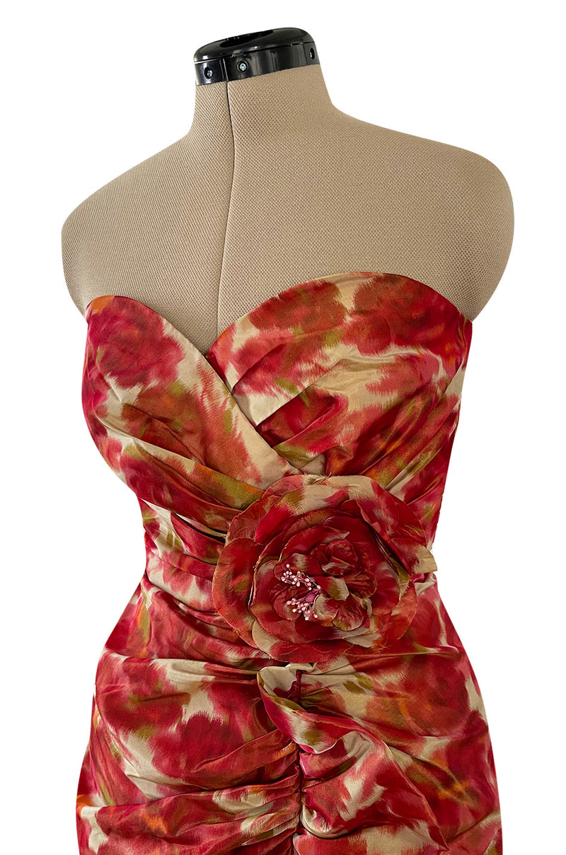 1980s Henri Bendel Washed Floral Silk Taffeta Ruffle Dres w Flower Accent at the Waist