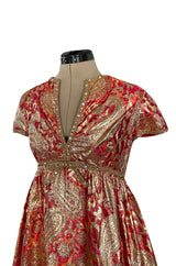 Stunning 1960s Malcolm Starr Light Silk Brocade Coral Red & Gold Metallic Thread Dress