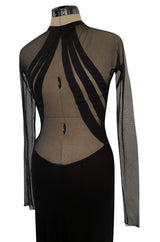 Spectacular 2005 John Anthony Couture Black Stretch Jersey Dress w Curved Netted Cut Outs