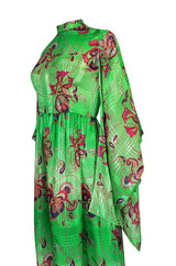 1970s Mollie Parnis Kimono Sleeve Printed Green Silk Dress