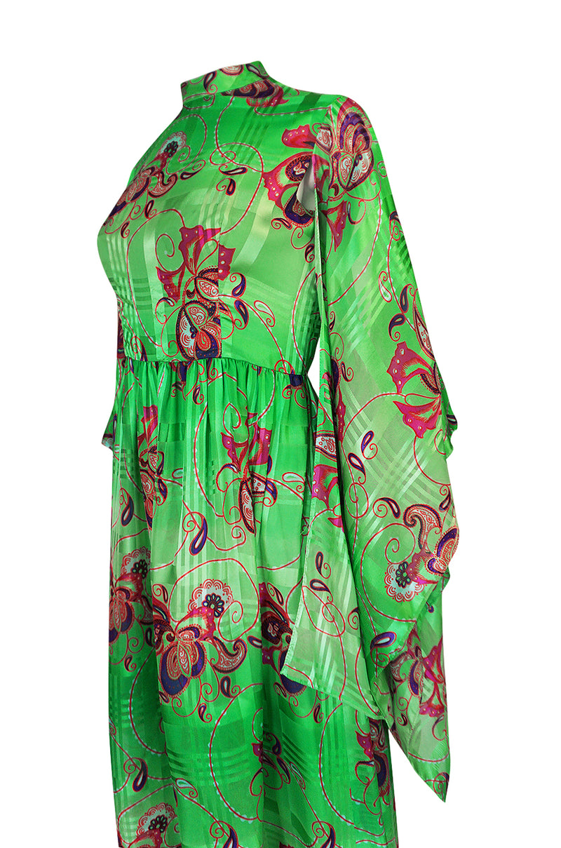 1970s Mollie Parnis Kimono Sleeve Printed Green Silk Dress