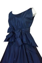 1950s Pauline Trigere Blue Silk Taffeta Cocktail Skirt, Top & Sash
