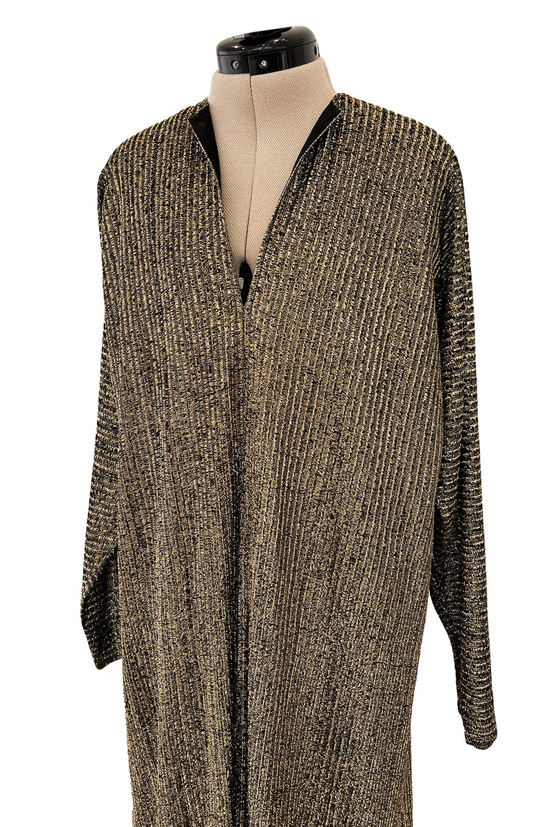 Fabulous 1970s Halston Metallic Gold & Black Lame Lurex Full Length Caftan Dress w Notched Neckline