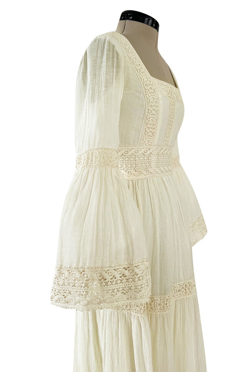 Romantic 1970s Victor Costa Mexican Wedding Dress Feel Ivory Cotton Gauze & Lace  Dress