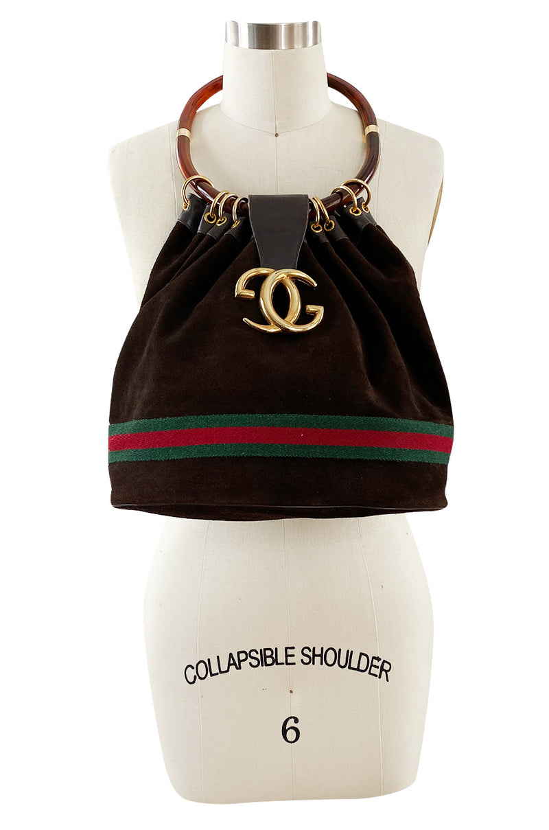 Rare & Original 1970s Gucci Deep Chocolate Suede Bucket Bag w Lucite Handle & Stripes