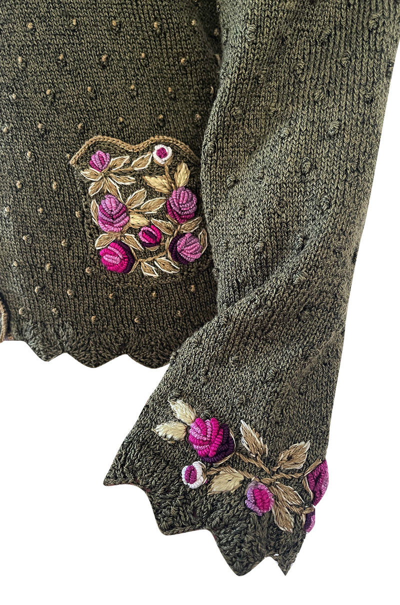 Prettiest 1980s Wolkenstricker Moss Green Colour Hand Knit Cardigan Sweater w Pink Floral Details