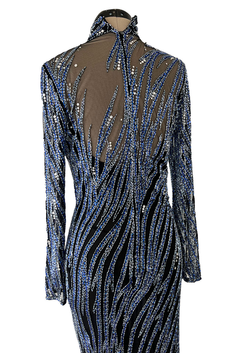 Incredible 1980s Bob Mackie Blue & Silver Beaded & Sequin Dress on Black Net