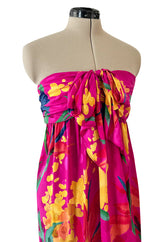 1980s Oscar de la Renta Vivid Pink Silk Wrap Strapless Dress w A Bright Floral Print