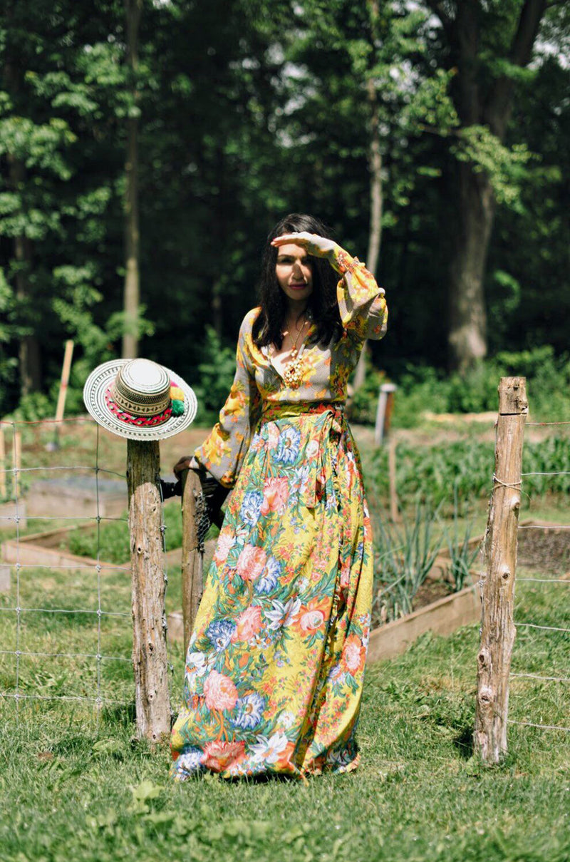 1970s Stephen Burrows Floral Cotton Print Wrap Maxi Skirt