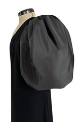 Fabulous 1980s Bill Blass One Shoulder Black Crepe & Taffeta Puff Sleeve Dress