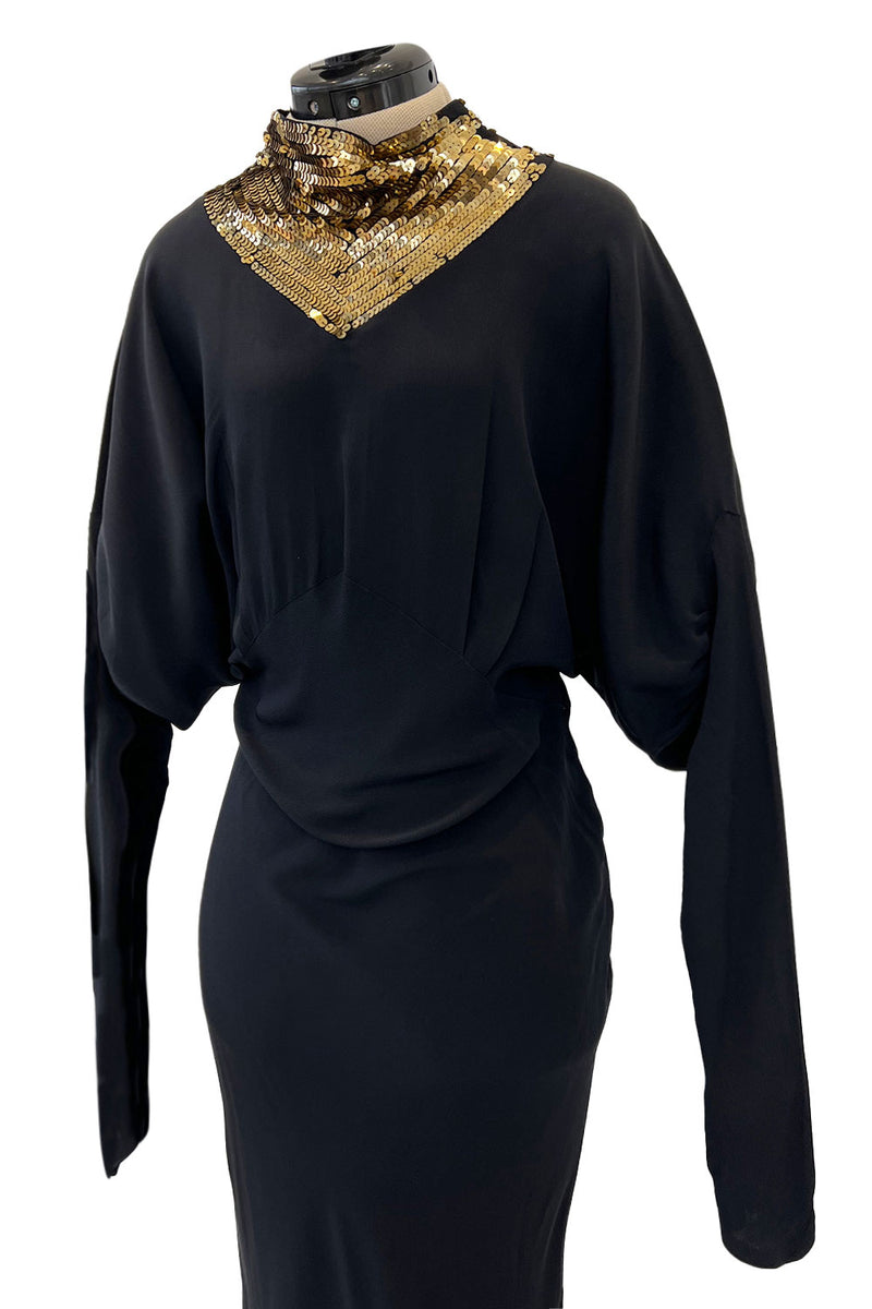 Fabulous 1930s Bias Cut Black Crepe w Gold Sequin Collar and Gold Metal Button Detail