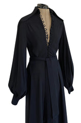c.1969 Ossie Clark Black Moss Crepe Dress w Bishop Sleeves, Button Front & Dog Ear Collar