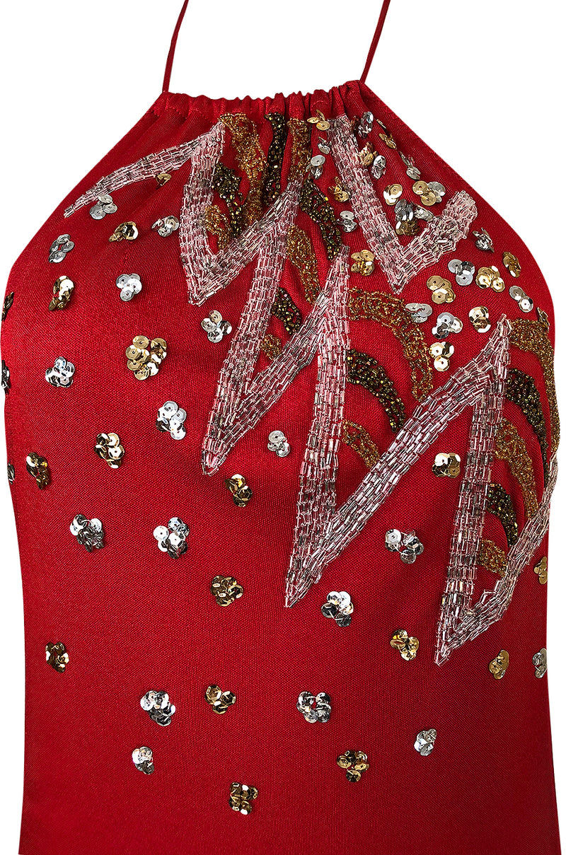 1970s Stephen Burrows Red Jersey Hand Beaded & Sequin Jersey Dress