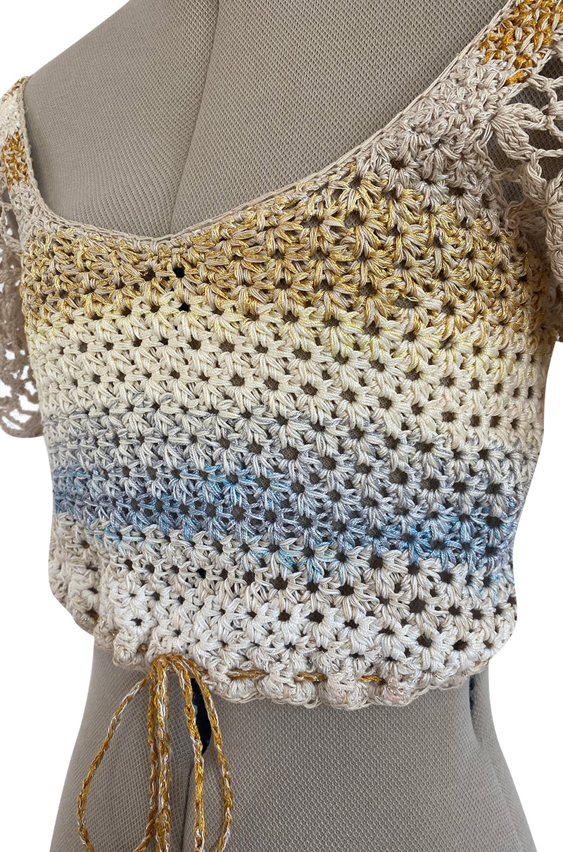 1960s Handmade Crocheted Crop Top w Blue & Gold Metallic Accents