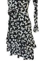 S/S 1987 Yves Saint Laurent Bow Print Silk Ruffle Dress