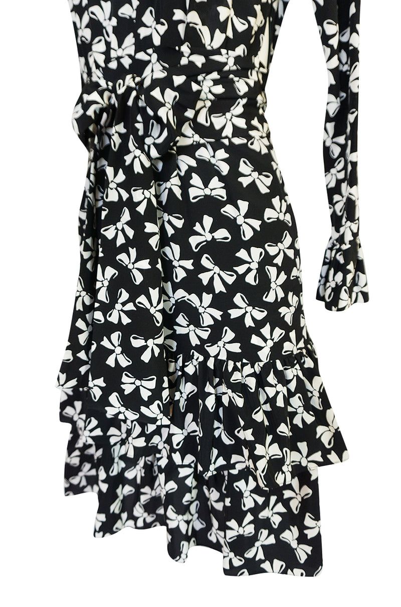 S/S 1987 Yves Saint Laurent Bow Print Silk Ruffle Dress